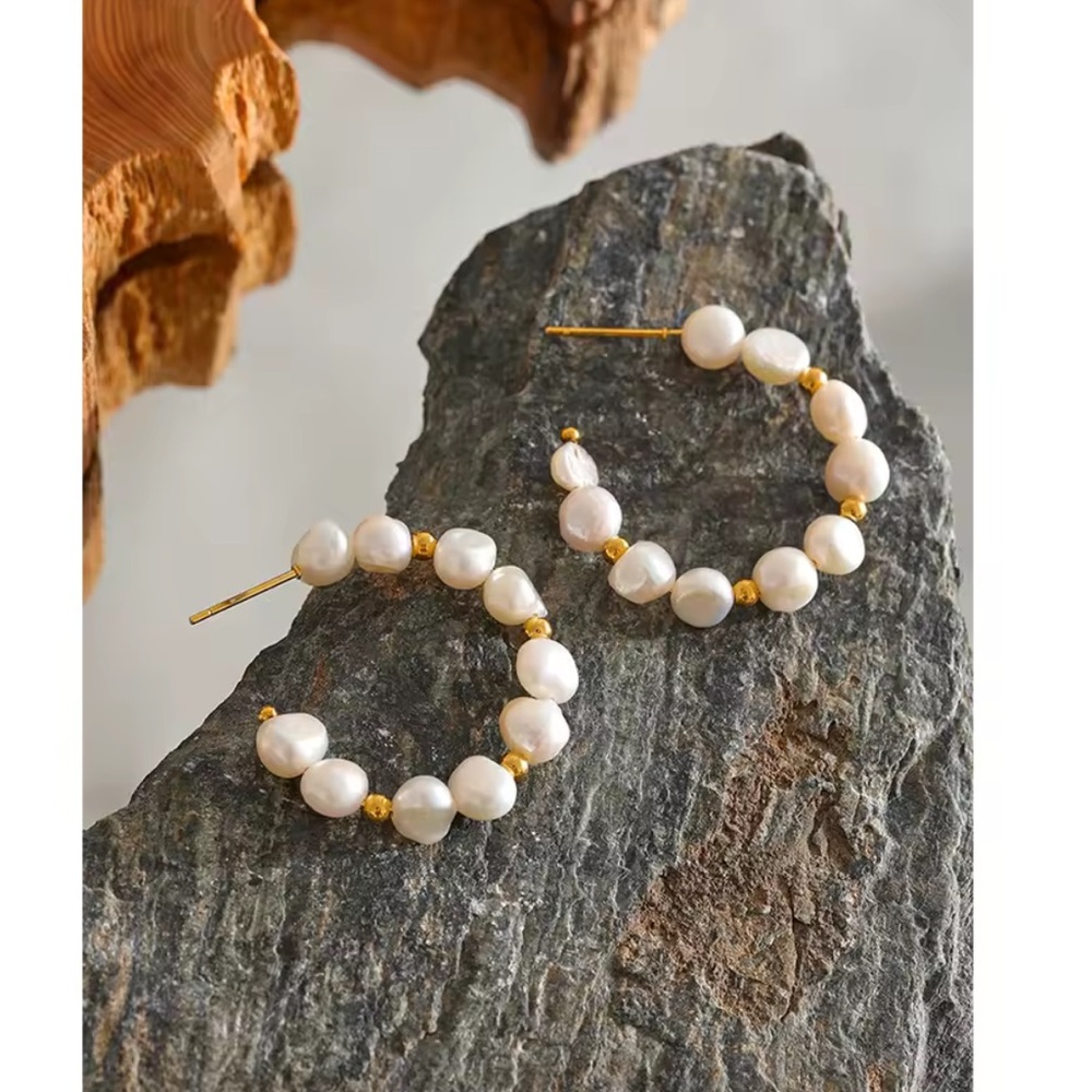 NEW 18K Gold Plated Natural Pearl Hoops - Elegant Irregular Bead Design